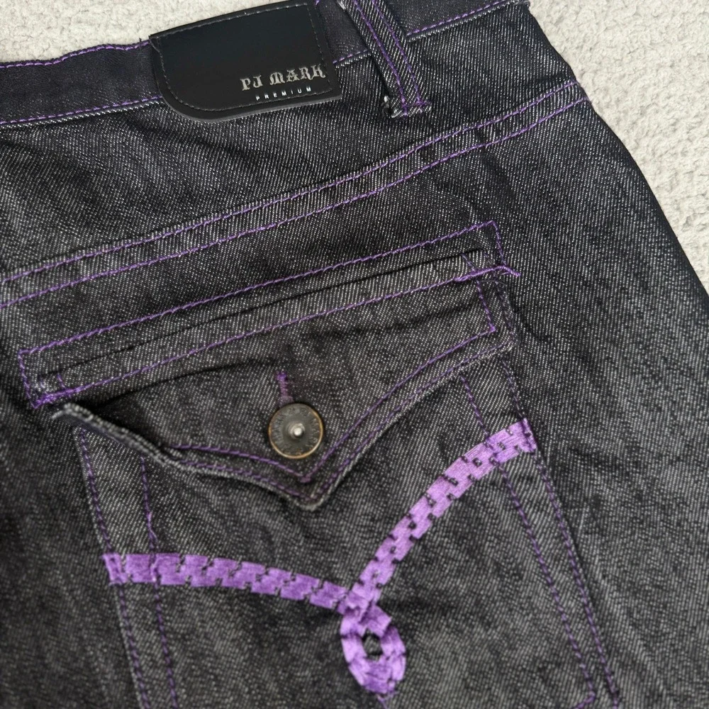 PJ Mark Jean Shorts Mens 38 Black Purple Stitch Jorts Y2K Baggy Hip Hop Skater